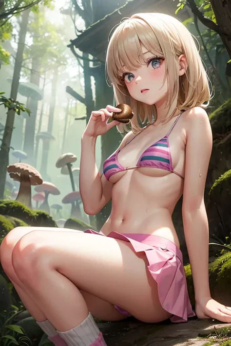 1girl, cute, teen, slender, round face shape with angular jaw, blonde with bangs, grey eyes, bikini top, picking wet pink colorful mushrooms in a celestial forest, sunshine, stripe socks, pink skirt, hhorny touch, windy