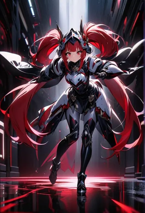 High quality, high definition, hig
h precision images,8k 1 Girl Robot Girl、red hair,Twin tails,Red eyes,Leaning forward Head decoration、 Wearing luxurious re barrettes in haird and white armor, a helmet on the head
full body image,bright lighting
