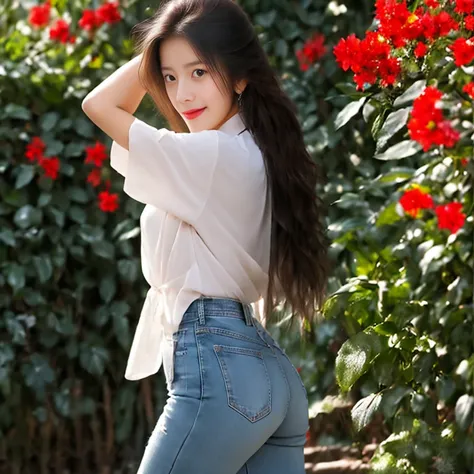 Young Asian woman with long flowing hair blowing up,) He wore old, ripped, skin-tight short jeans.,) Look straight at the camera intently,) Focus on the face clearly,) The countryside outdoors has bright red flowers all around and an old thatched hut., Wea...