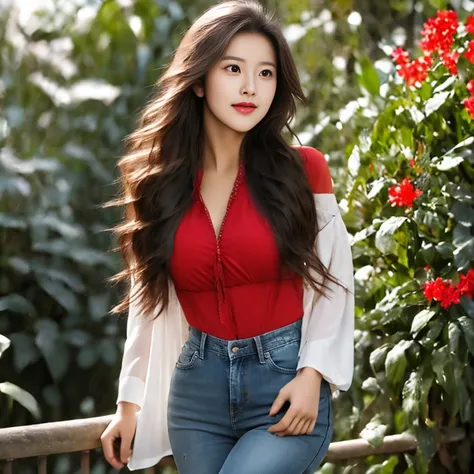 Young Asian woman with long flowing hair blowing up,) He wore old, ripped, skin-tight short jeans.,) Look straight at the camera intently,) Focus on the face clearly,) The countryside outdoors has bright red flowers all around and an old thatched hut., Wea...