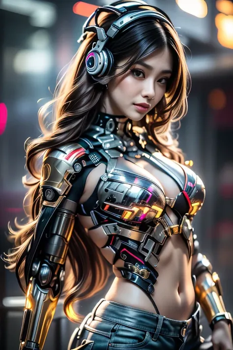 Virtual image,Realistic 8K images,hips up,Masterpiece,Complete Anatomy,Complete dynamic composition,morning sun,Light hits the front,young woman with long brown hair,staring at me.,A small but cute smile,The machine is connected to the machine.....,Wear he...