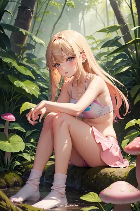 1girl, cute, slender, round face shape with angular jaw, blonde with bangs, grey eyes, swimsuit top, picking wet pink colorful mushrooms in a celestial forest, sunshine, stripe socks, pink skirt, windy