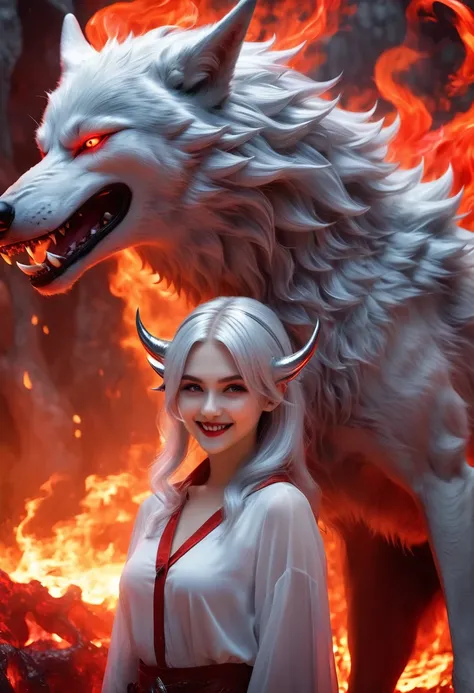 Beautiful 8K Ultra HD professional photos, Sharp focus, In a stunning fantasy world, A cute silver-haired girl，There are real demon horns and a mysterious 1 giant hell wolf, A joyful smile, In red flaming light，hell lady