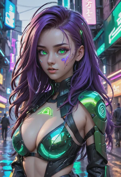 1girll, Cyberpunk Style, neonlight (Green:0.9) The letter N made of broken glass on Cyberpunk Street, Beautiful, Cyberpunk girl standing on the street, Cute cyberpunk girl, Beautiful eyes, 4K eyes, Beautiful face, full bodyesbian, Large breasts, Long (purp...