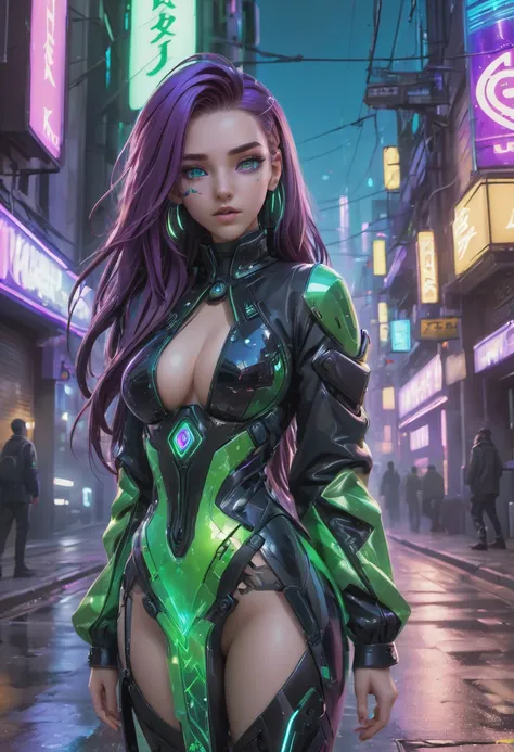 1girll, Cyberpunk Style, neonlight (Green:0.9) The letter N made of broken glass on Cyberpunk Street, Beautiful, Cyberpunk girl standing on the street, Cute cyberpunk girl, Beautiful eyes, 4K eyes, Beautiful face, full bodyesbian, Large breasts, Long (purp...