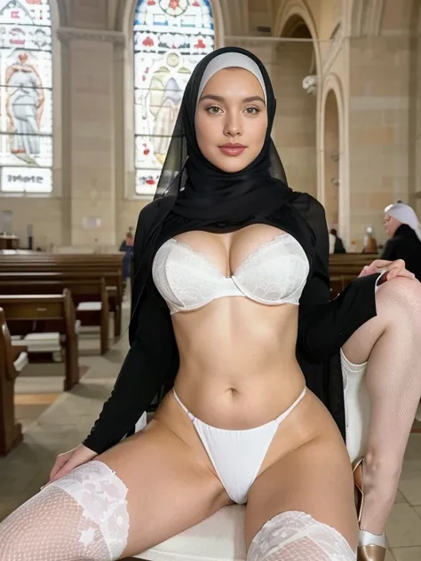 (portrait), (RAW photo, Best quality), (Realistic, photo-realistic:1.2), a sexually attractive hourglass figure 20 years old girl in high heels spread her legs, (sit on a chair in church), (Black and white hijab:1.3), In churches, ((bra and thong)), makeup...