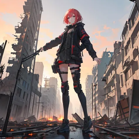 A girl in the world of the Apocalypse stands on a destroyed building, behind her is a destroyed city, fire and robots attacking a girl. The girl is very beautiful