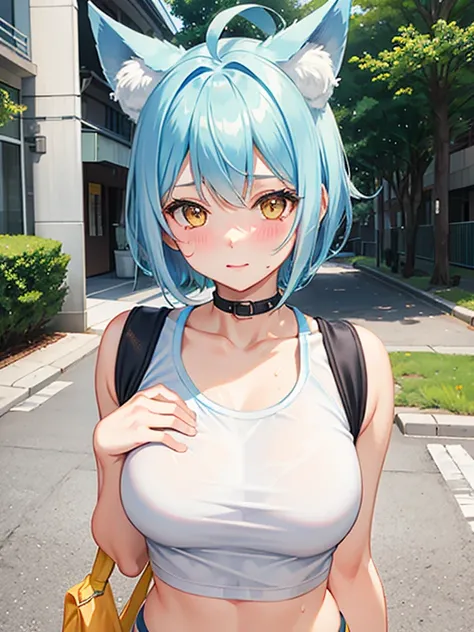 1girl in, fox ear,  light blue short hair,bangs pinned back,Ahoge,Colored inner hair, yellow eyes,Cute, blush, medium breast, running, white sports bra, morning, park, sweat