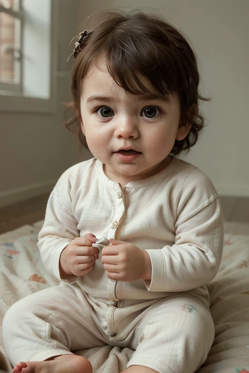 Adorable baby in a soft cotton onesie, (realism: 1.6), (perfectly detailed: 1.3), rosy cheeks, bright eyes full of curiosity, (film grain: 0.8 for a soft, nostalgic effect), natural light illuminating every crease and wrinkle, sitting on a plush, colorful ...