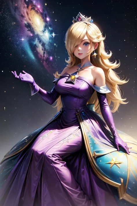 ((high detailed, best quality, 4k, masterpiece, hd:1.3)), rosalina, purple dress, sleeveless, galaxy themed dress, purple gloves, galaxy backdrop