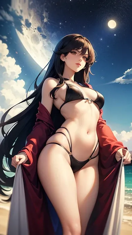 A stunning 8k anime-style illustration of a woman outdoors on a beach. She has long, slender legs and a wide, toned hips, with a tiny waist and a round, well-defined chest. She has a beautiful face with blue eyes, red and plump lips, and long, cascading ha...