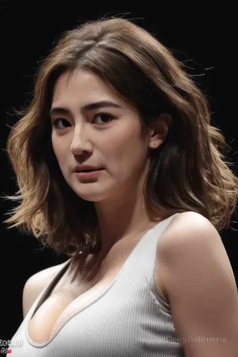 Ultra-high resolution, masterpiece, highest quality, perfect glowing skin, Perfect lighting, Detailed lighting, Japanese middle-aged woman、, White tank top, View audience, Off the shoulder, Brown wavy hair with highlights、Big Breasts, Large exposed cleavag...