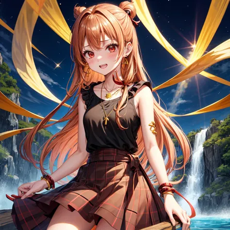 Brown, red, gold, golden hair、Red eyes、One good looking girl、solo、anime、Checkered mini skirt、Black camisole、Black T-shirt、hoodie、Wearing a ribbon、Ribbon on waist、Crystal Earrings、Gemstone Necklace、Light and shadow、Tilting face、Teeth are visible、waterfall、K...