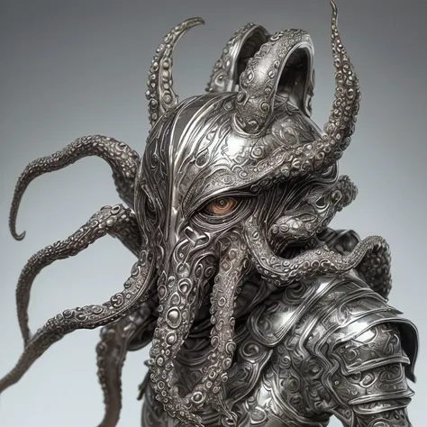 A octopus head, with a perfect sculptural realistic,with silver mediaval armor, and potrait, ultra realistic, HD,  