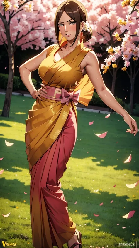 masterpiece, absurdres, hyuuga hanabi\(naruto\), 1girl, solo,mature female, wearing indian saree, saree has blouse sleeveless,ye...