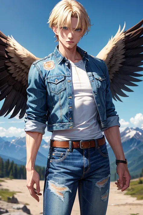 Man with blond hair, slim muscular complexion with large brown eagle wings, blue eyes, wearing an open denim jacket, shirt with the print of the USA flag, blue jeans, looking straight at the viewer, mountain background 