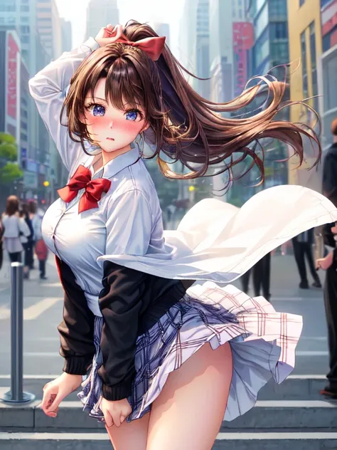 ((highest quality, High resolution, Perfect Pixel, 4K))), 1 female, Beautiful woman、I could see the whole body、go down the subway stairs、lots of commuters、 ((ponytail, bangs, Brown Hair)), ((Brown eyes, Beautiful eyelashes, Realistic eyes)), ((Detailed fac...