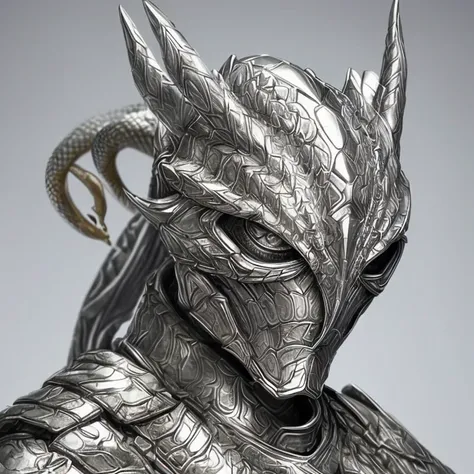 A snake head, with a perfect sculptural realistic,with silver mediaval armor, and potrait, ultra realistic, HD,  