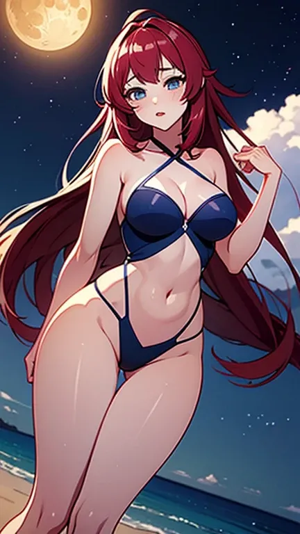 A stunning 8k anime-style illustration of a woman outdoors on a beach. She has long, slender legs and a wide, toned hips, with a tiny waist and a round, well-defined chest. She has a beautiful face with blue eyes, red and plump lips, and long, cascading ha...