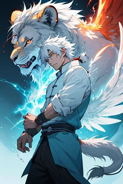 Chinese anime has 6 wings, a lion&#39;s tail, the power of ice and fire, white eyes, and a background of lightning.