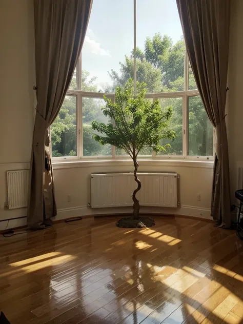 A room with a large tree in the center　stage　window