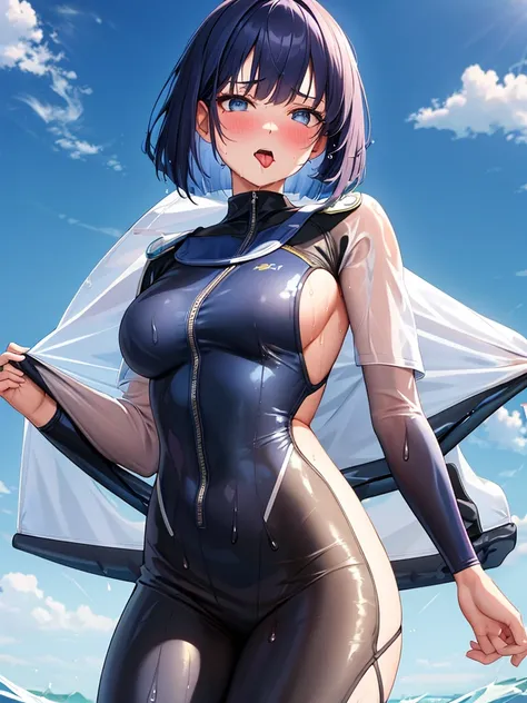 masterpiece, ultra-detailed, best quality, extremely detailed, 8k, high res, realistic, 1girl, 18yo, beautiful girl,(rolling eyes), (half closed eyes),(narrowed eyes:1.2),(open mouth), (tongue out:1.2),(blush:1.2),(wet suit:1.4),(wet see-through:1.3), (hal...