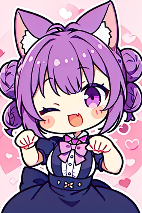 (masterpiece, best quality), chibi, close-up, portrait, 1girl, formidable_yz, head tilt, purple hair, short hair, one bun,one eye closed, fang, hand up, paw pose, cat maid,bowtie, spoken heart, pink background			