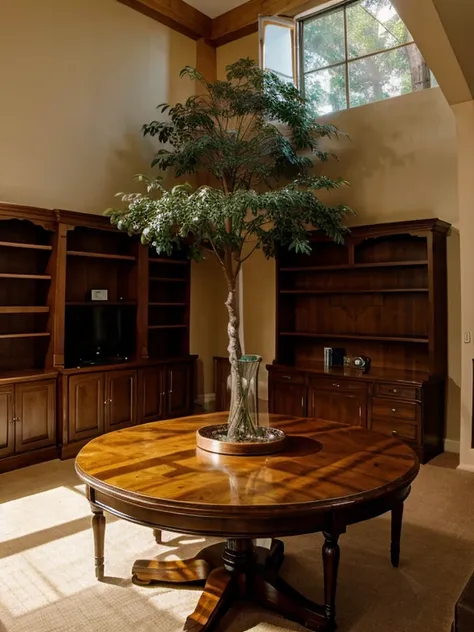 A room with a large tree in the center　Bookshelf and table