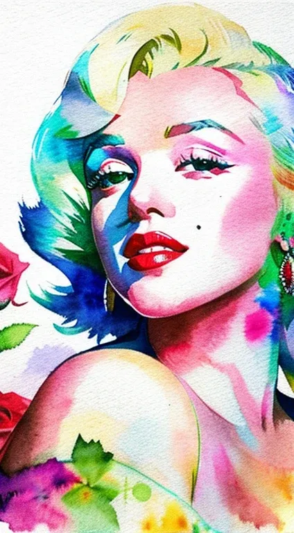 close up photo of Marilyn Monroe, off shoulder , watrcolor style, (rose) digital art, white background, among the roses, official art, blown by the wind, masterpiece, beautiful, ((watercolor)), paint splatter, intricate detail. Great detail, [dripping:0.7]...