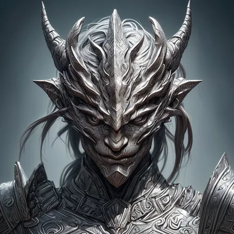 a dragon head,with a perfect sculptural realistic,with silver mediaval armor, and potrait, ultra realistic, hd,