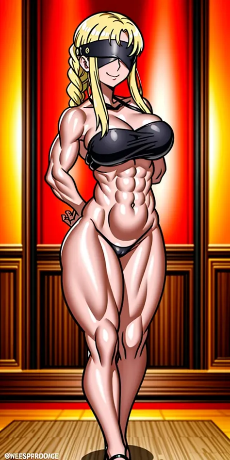 (masterpiece, HI quality: 1.1) 1girl full body standing good face, nice ass, hairstyle: braid, Color Hair: blonde long hair, Blindfolded: NO EYES, Skin: White (porcelain skin, sparkly skin), muscular, thighs, Mature woman, Abs, looks at the viewer smiling,...