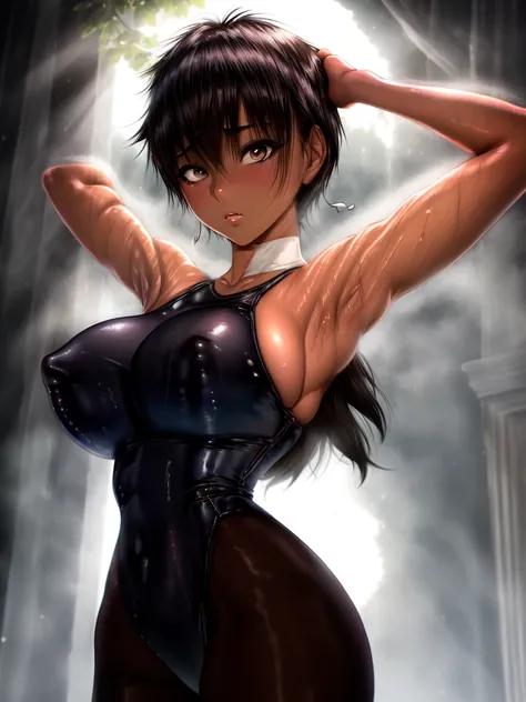 Casca in a white latex top with her arms outstretched, stop temporarily(Please raise your hand + blush), Anatomically correct,(((Big Breasts))),Protruding nipples,((Sweaty skin))Toned arms, Thin upper arms, with Please raise your hand, Underarm, Smooth bod...