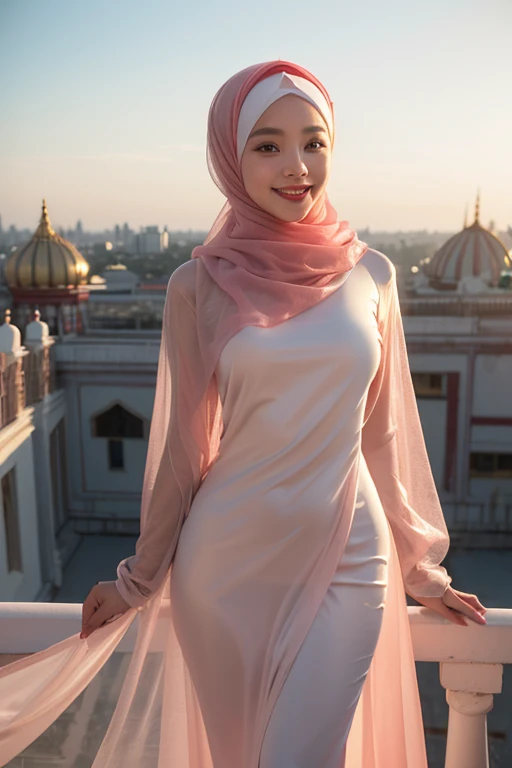 Best quality, high resolution, Masterpiece,Indonesian girl in hijab, translucency satin dress, voluptuous expression, sweet smile, girl in red hijab, pale pink lips, heavenly palace view background, highly detailed, 8k, beautiful smile and appearance