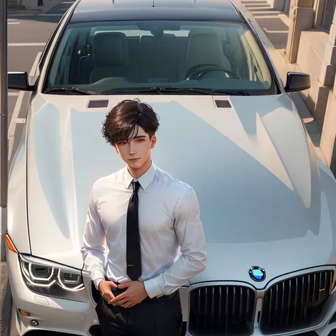 a young man.wear white shirt.Black suit pants.Wear blue tie.with a smile on face.Standing against the hood of a BMW.Cross your hands on your chest.young man with short hair.masterpiece, best quality, (Extremely detailed CG Unity 8K wallpaper), (best qualit...