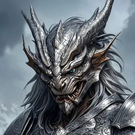 A dragon head,with a perfect sculptural realistic,with silver mediaval armor, and potrait, ultra realistic, HD,  