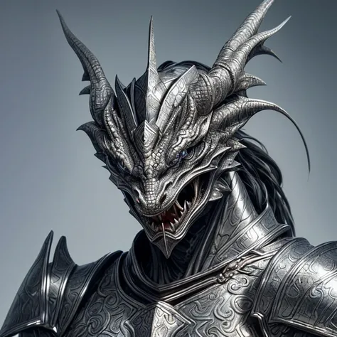 A dragon head,with a perfect sculptural realistic,with silver mediaval armor, and potrait, ultra realistic, HD,  