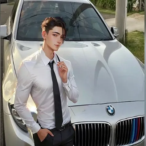 a young man.wear white shirt.Black suit pants.Wear blue tie.with a smile on face.Standing against the hood of a BMW.Cross your hands on your chest.young man with short hair.masterpiece, best quality, (Extremely detailed CG Unity 8K wallpaper), (best qualit...