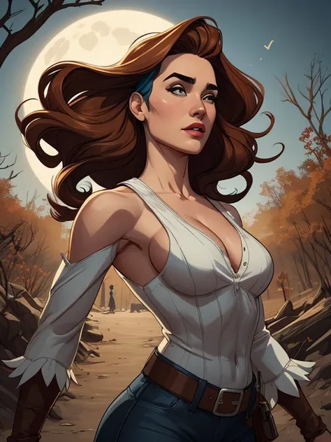 Woman character jeday style warrior armed with a 38 revolver western style atompunk Fallout 4 Jennifer Connelly le with marks of war Cartoon image of a woman .Ilustra??o estilo desenho animado, estilo de arte dos desenhos animados, estilo de arte dos desen...