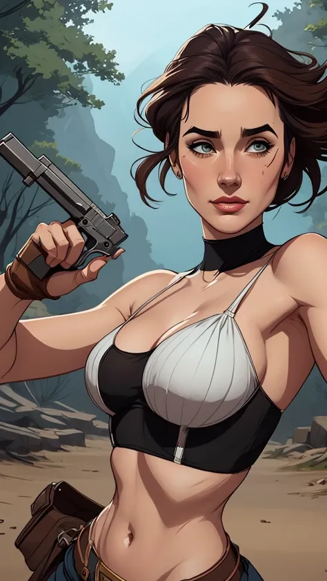 Woman character jeday style warrior armed with a 38 revolver western style atompunk Fallout 4 Jennifer Connelly le with marks of war Cartoon image of a woman .Ilustra??o estilo desenho animado, estilo de arte dos desenhos animados, estilo de arte dos desen...