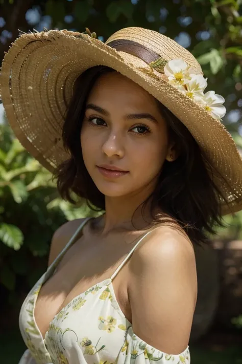 The image features a woman positioned directly facing the camera, providing a symmetrical composition. She is wearing a wide-brimmed hat and a yellow dress adorned with a floral pattern. The woman exhibits a relaxed demeanor, indicated by the slight smile ...