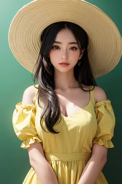 The image features a woman positioned directly facing the camera, providing a symmetrical composition. She is wearing a wide-brimmed hat and a yellow dress adorned with a floral pattern. The woman exhibits a relaxed demeanor, indicated by the slight smile ...