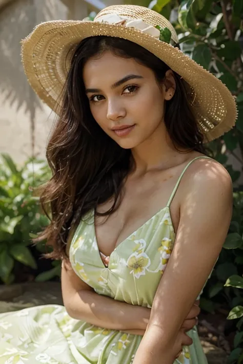 The image features a woman positioned directly facing the camera, providing a symmetrical composition. She is wearing a wide-brimmed hat and a yellow dress adorned with a floral pattern. The woman exhibits a relaxed demeanor, indicated by the slight smile ...