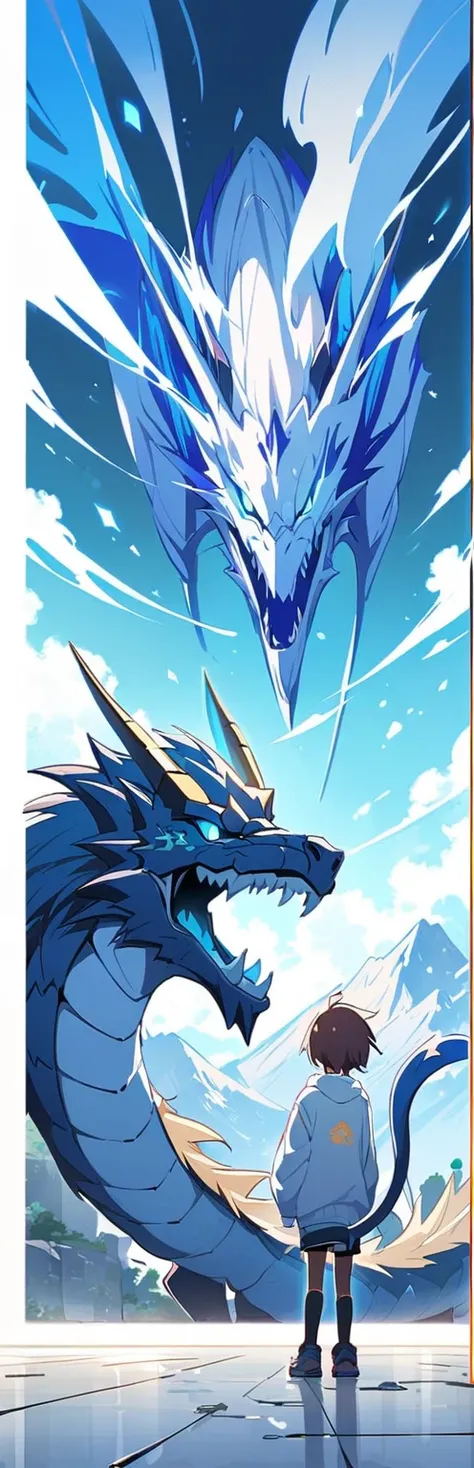 Anime, man, robot, dragon, Blue Light, open mouth, growl, claw, White body with blue pattern, wing, tail, background, The floor is broken., mountain,