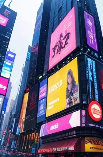 new york、Buildings、Flashy signboard、Signage、Looking up angle、Times square