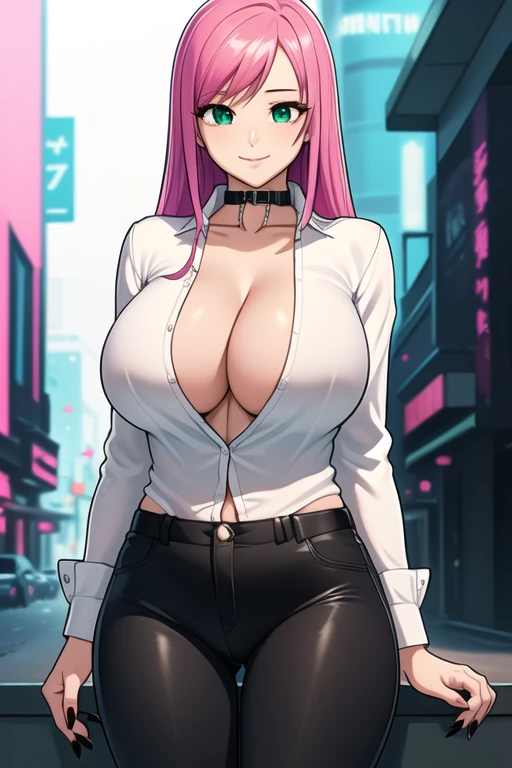 1 girl, 19 years old, Long pink hair, green eyes with slit pupils, master-piece, best quality, (standing up), (tight white buttoned shirt), (long sleeve white belly buttoned shirt, black pants, red nails, cleavage),  (Big , ultra gigantic , Super super big...