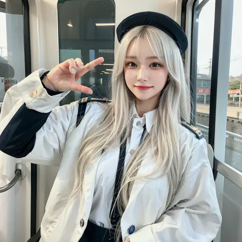 1woman, long hair, white hair colour, smile, train conductor uniform suit, Japanese train pilot, pilot hat in head, circle glass in eyes, smart glass eyes,