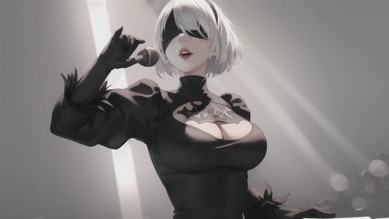 yorha no. 2 type b, 1girl, wlop, (blindfold), breasts, cleavage, cleavage cutout, clothing cutout, concert background, hair between eyes, hairband, highres, juliet sleeves, long sleeves, nier (series), nier automata,  puffy sleeves, red lips, shaded face, ...