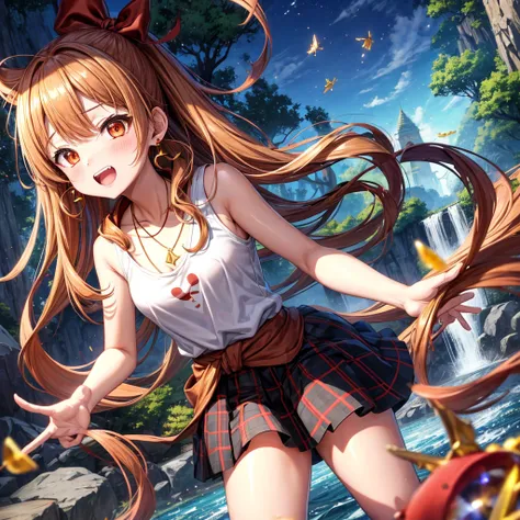 Brown, red, gold, golden hair、Red eyes、One good looking girl、solo、anime、Checkered mini skirt、Black camisole、Black T-shirt、hoodie、Wearing a ribbon、Ribbon on waist、Crystal Earrings、Gemstone Necklace、Light and shadow、Tilting face、Teeth are visible、waterfall、K...