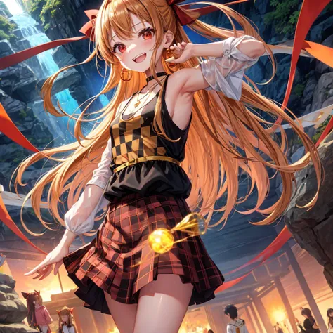 Brown, red, gold, golden hair、Red eyes、One good looking girl、solo、anime、Checkered mini skirt、Black camisole、Black T-shirt、hoodie、Wearing a ribbon、Ribbon on waist、Crystal Earrings、Gemstone Necklace、Light and shadow、Tilting face、Teeth are visible、waterfall、K...