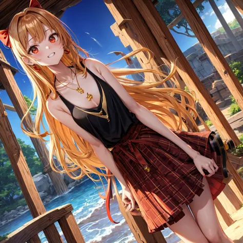 Brown, red, gold, golden hair、Red eyes、One good looking girl、solo、anime、Checkered mini skirt、Black camisole、Black T-shirt、hoodie、Wearing a ribbon、Ribbon on waist、Crystal Earrings、Gemstone Necklace、Light and shadow、Tilting face、Teeth are visible、waterfall、K...